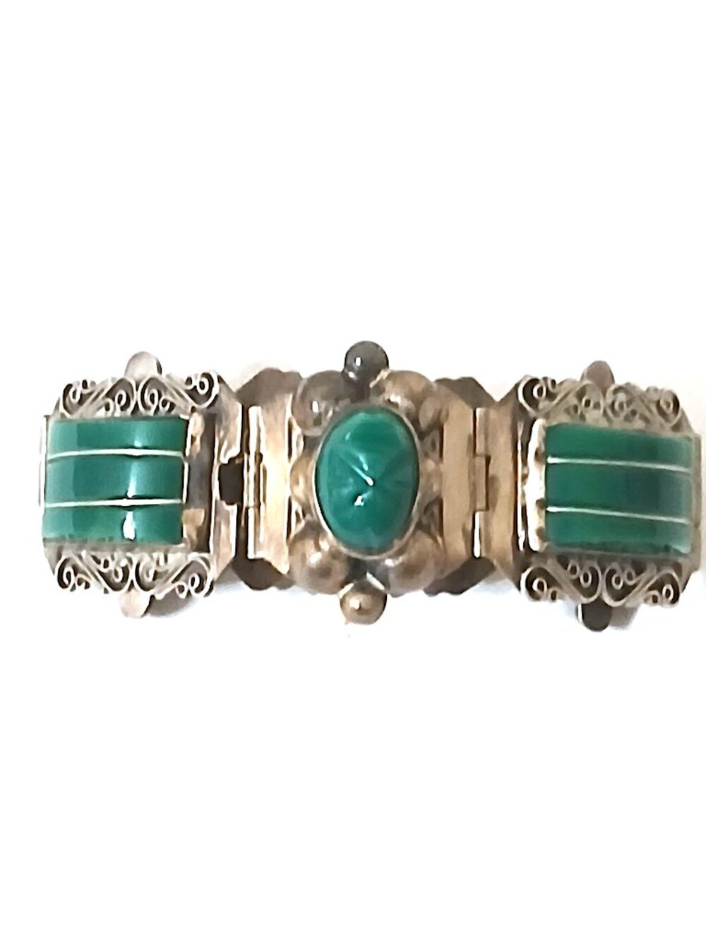 Vintage Mexico 0.925 Sterling Silver Green Stone Panel Bracelet Wide Statement